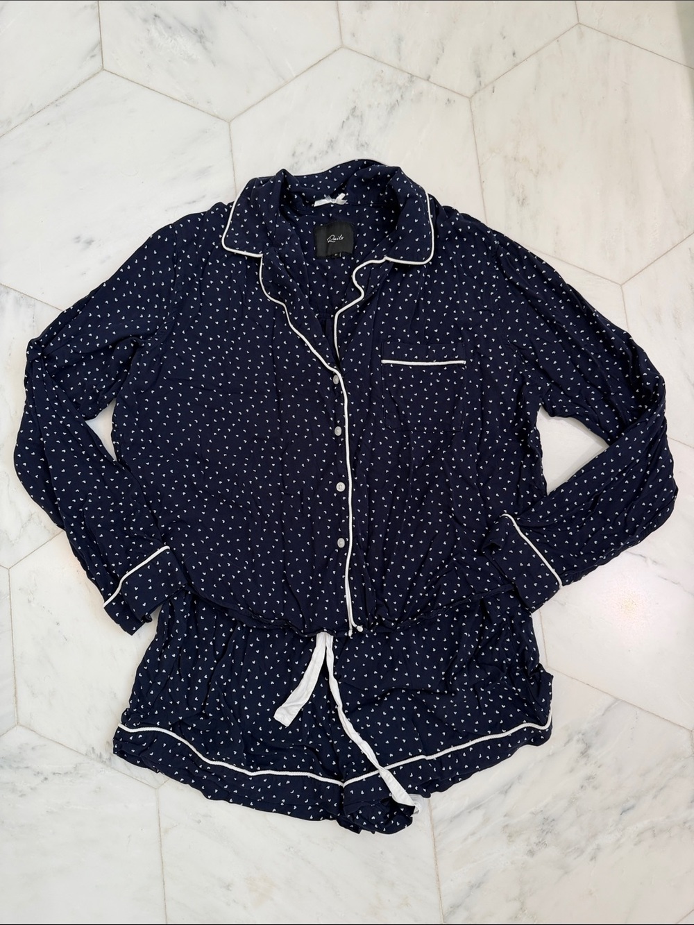 Rails Women’s Navy Heart-Print Button-Front Pajama Set with White Trim